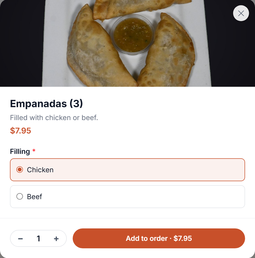 Ordering screen: Empanadas (3), $7.95, a required Filling choice of Chicken or Beef, a quantity stepper and an Add to order button.